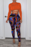 Tangerine Red Sexy Print Bandage Patchwork O Neck Long Sleeve Two Pieces