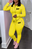 Yellow Fashion Casual Letter Print Solid Color Hooded Collar Long Sleeve Two Pieces