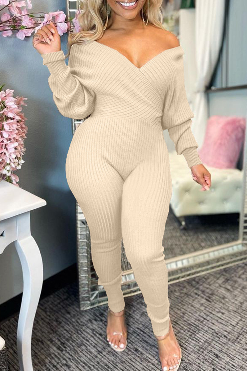 

Apricot Fashion Casual Solid Split Joint V Neck Regular Jumpsuits