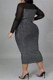 Schwarze Mode Sexy Patchwork durchsichtige O-Ausschnitt Langarm Kleider in Übergröße