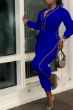Blue Casual Solid Draw String V Neck Harlan Jumpsuits