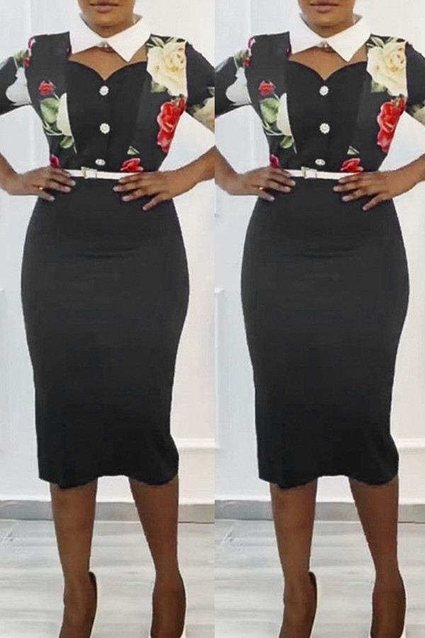 Black Fashion Casual Print Hollowed Out Patchwork With Belt Turndown Collar Plus Size Dresses