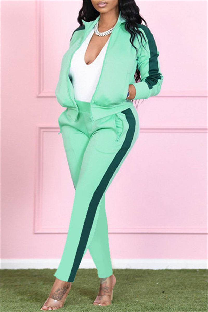 

Light Green Fashion Casual Solid Split Joint Turndown Collar Long Sleeve Two Pieces