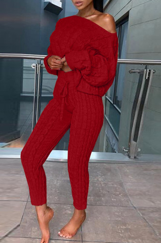 Burgundy Fashion Casual Solid Basic O Neck Long Sleeve Two Pieces
