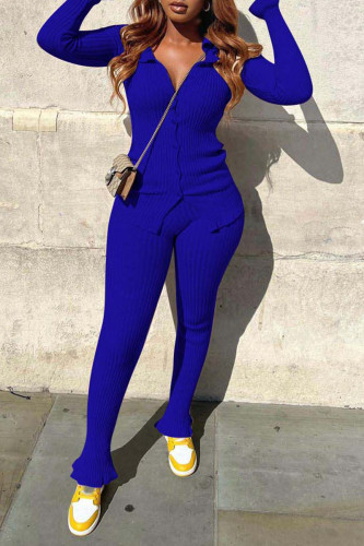 Deep Blue Casual Solid Patchwork Buckle Turndown Collar Long Sleeve Two Pieces