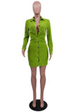 Зеленые модные повседневные однотонные платья с V-образным вырезом и пряжкой с длинным рукавом