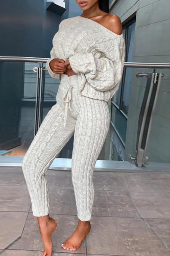 Cream White Fashion Casual Solid Basic O Neck Long Sleeve Two Pieces