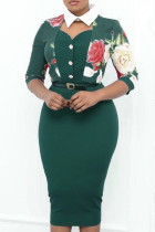 Green Fashion Casual Print Hollowed Out Split Joint With Belt Turndown Collar Plus Size Dresses