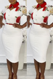 White Fashion Casual Print Hollowed Out Patchwork With Belt Turndown Collar Plus Size Dresses