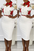 White Fashion Casual Print Hollowed Out Split Joint With Belt Turndown Collar Plus Size Dresses