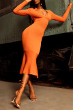 Оранжевые модные повседневные однотонные лоскутные платья с V-образным вырезом и длинными рукавами