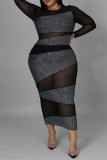 Vestidos pretos moda sexy patchwork transparente com decote O manga longa plus size