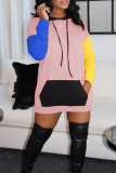 Pink Fashion Casual Patchwork Pocket Hooded Collar Long Sleeve Dresses