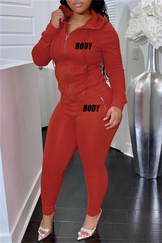 Red Fashion Casual Letter Print Solid Color Hooded Collar Long Sleeve Two Pieces