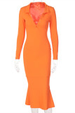 オレンジファッションカジュアル固体パッチワーク V ネック長袖ドレス