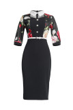Black Fashion Casual Print Hollowed Out Patchwork With Belt Turndown Collar Plus Size Dresses