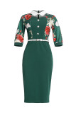 Groene mode, casual print, uitgehold patchwork met riem, kraag, grote maten jurken