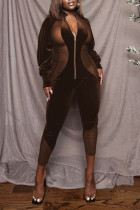 Brown Sexy Solid Patchwork See-through Zipper Collar Regular Jumpsuits