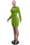 Green Fashion Casual Solid Buckle V Neck Long Sleeve Dresses