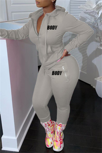 Grey Fashion Casual Letter Print Solid Color Hooded Collar Long Sleeve Two Pieces