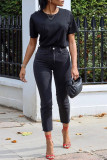 Calça jeans preta fashion casual sólida cintura alta regular