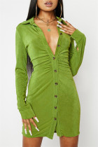 Vestidos de manga larga con cuello en V y hebilla sólida informal de moda verde