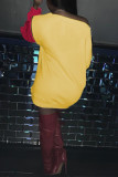 Желтые модные повседневные платья с буквенным принтом в стиле пэчворк на молнии с косым воротником и длинными рукавами