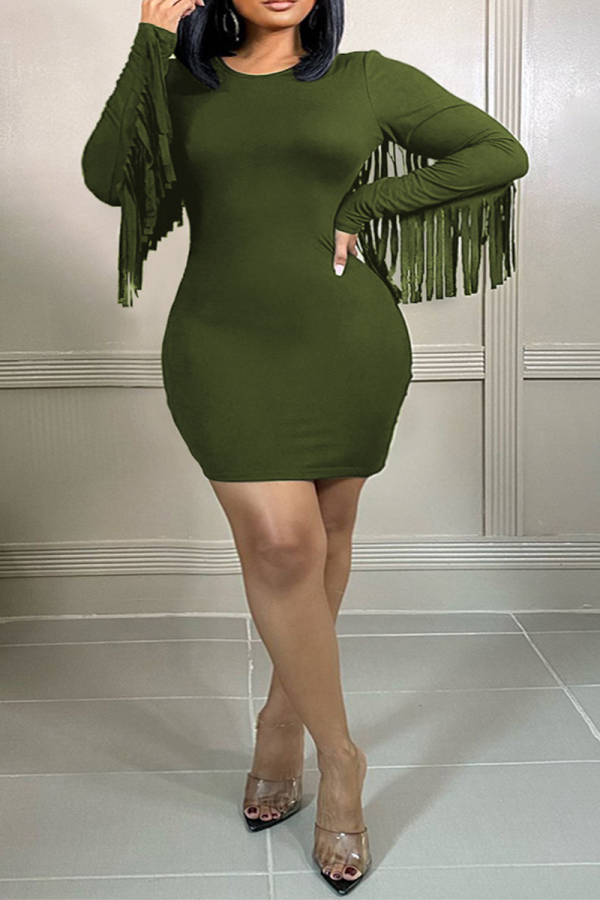 Tinta verde sexy sólido borla cuello redondo falda lápiz vestidos de talla grande