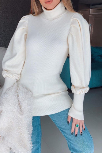 Cream White Fashion Casual Solid Basic Turtleneck Long Sleeve Tops