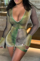 Зеленый модный сексуальный полосатый облегающий комбинезон с завязками и V-образным вырезом