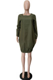 Army Green Casual Solid Patchwork O Neck Long Sleeve Dresses