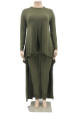Army Green Fashion Casual Solid Asymmetrical O Neck Plus Size Two Pieces