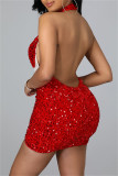 Red Sexy Patchwork Sequins See-through Backless Halter Sleeveless Dress Dresses
