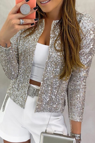 Silver Fashion Solid Sequins Patchwork O Neck Outerwear