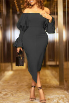 Zwarte mode sexy effen rugloze asymmetrische off-shoulder jurken met lange mouwen