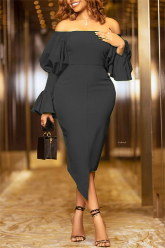 Black Fashion Sexy Solid Backless Asymmetrical Off the Shoulder Long Sleeve Dresses