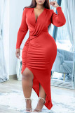 Red Fashion Sexy Solid Asymmetrical V Neck Long Sleeve Dresses