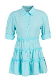 Небесно-голубое модное повседневное однотонное платье-рубашка с отложным воротником