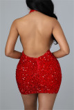赤いセクシーなパッチワーク スパンコール シースルー バックレス ホルター ノースリーブ ドレス ドレス