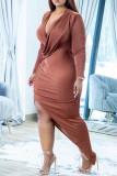 Brown Fashion Sexy Solide Asymmetrische Langarm-Kleider mit V-Ausschnitt