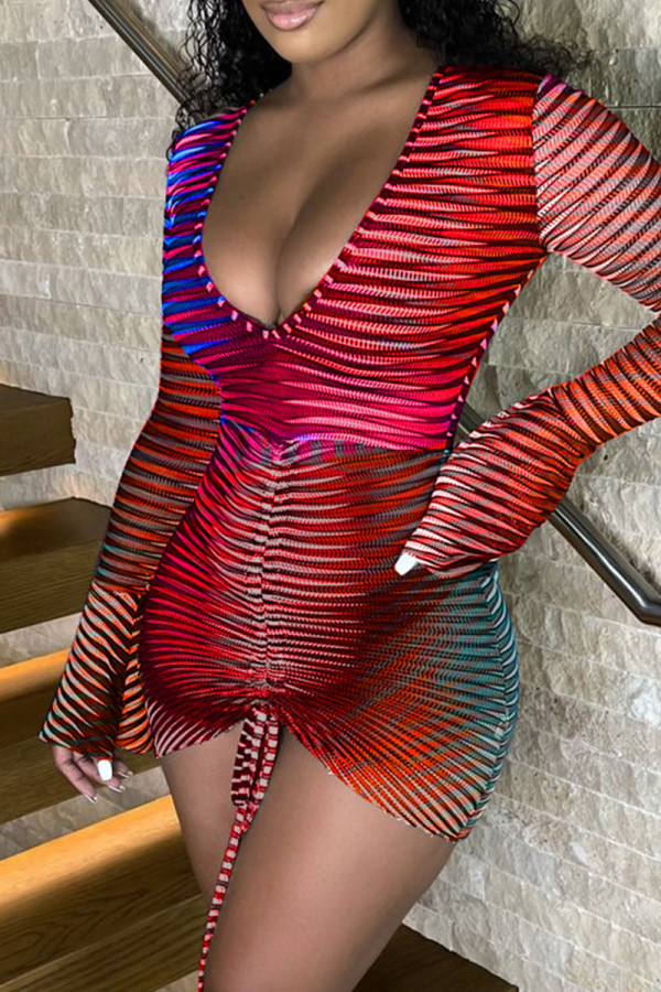 Red Fashion Sexy Striped Draw String V Neck Bodycon Jumpsuits Skinny Romper