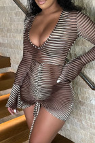 Brown Fashion Sexy Striped Draw String V Neck Bodycon Jumpsuits Skinny Romper