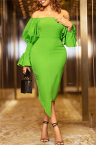 グリーン ファッション セクシー ソリッド バックレス 非対称 オフ ショルダー ロング スリーブ ドレス
