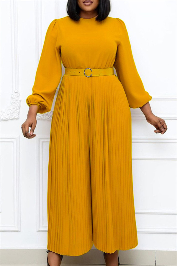 Solido casual giallo di moda con tute regolari con cintura o scollo