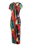 Multicolor Fashion Casual Tie Dye Printing O Neck Short Sleeve Dress