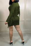 Tinta verde sexy sólido borla cuello redondo falda lápiz vestidos de talla grande