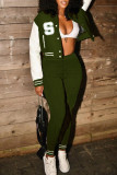 Армейский зеленый модный повседневный пэчворк с вышивкой с длинным рукавом из двух частей