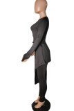 ブラックファッションカジュアルソリッド包帯非対称Oネック長袖ツーピース