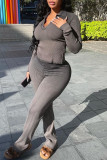 Grey Casual Solid Patchwork V Neck Long Sleeve Two Pieces