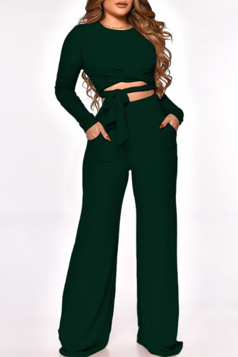 Army Green Fashion Casual Solid Bandage O Neck Long Sleeve Two Pieces